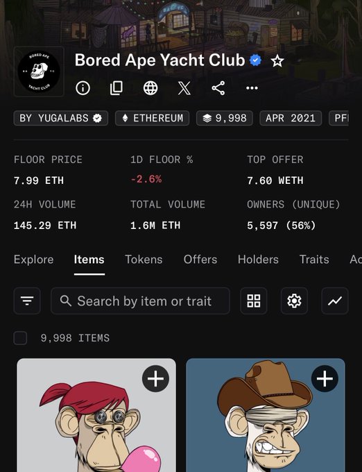 The image shows a smartphone screen displaying information from the Bored Apet Yacht Club Facebook page. There are two posts, one showing two different characters and another providing a floor price table. The character picture displayed at the bottom of the screen is of a monkey wearing a hat and glasses. The background appears to be a cityscape with buildings.