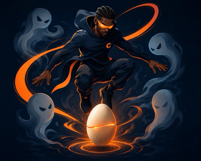 Digital artwork of a man in a black hoodie and orange sunglasses balancing on a glowing egg, surrounded by flames and cartoonish ghosts.