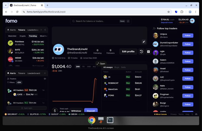 A screenshot of the Fomo platform showing a trader profile for TheGrandLineAI with a cash balance of $764.81 and deposit of $1,004.40, alongside trending tokens like Pointless ($740.5K) and BATE ($281.3K).