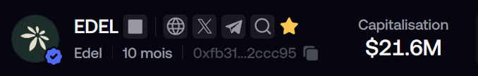 A social media profile header showing the name 'EDEL' (Edel) with a blue verification checkmark, joined 10 months ago, with a wallet address beginning '0xfb31...2ccc95' and a capitalization of '$21.6M'.