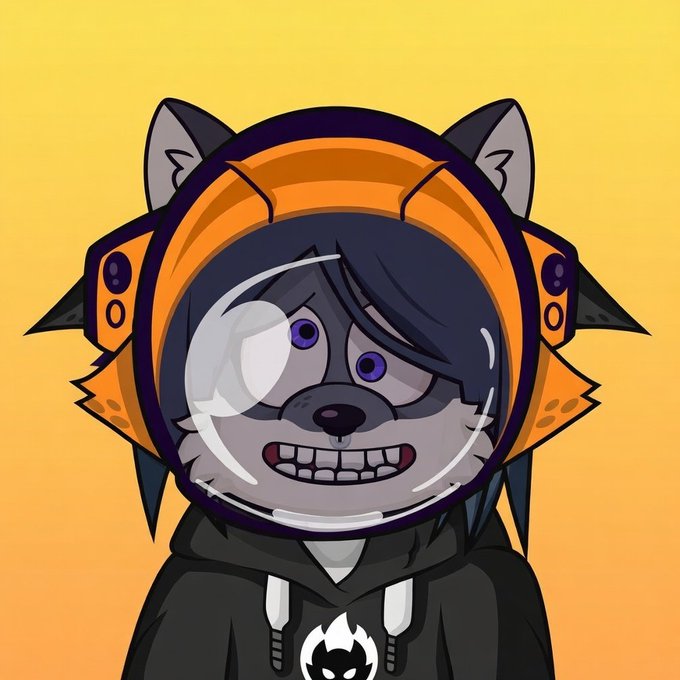 A chibi-style cartoon illustration of a gray wolf or husky character wearing an orange astronaut helmet and a black hoodie with a flame logo, set against a yellow gradient background.