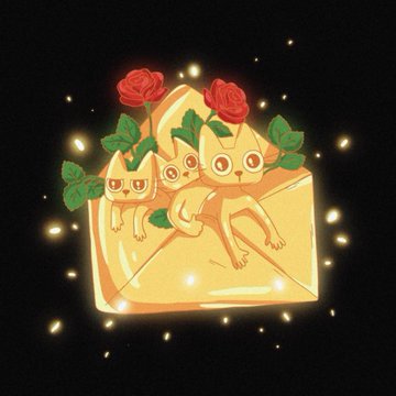 The image shows a charming illustration of a golden envelope with three cats peeking out, surrounded by roses and glowing against a black background. This visualizes the post's metaphor of daily "gold deliveries" appearing like magical Christmas gifts from the "cets cat," symbolizing the steady stream of tokens dropping into the user's wallet.