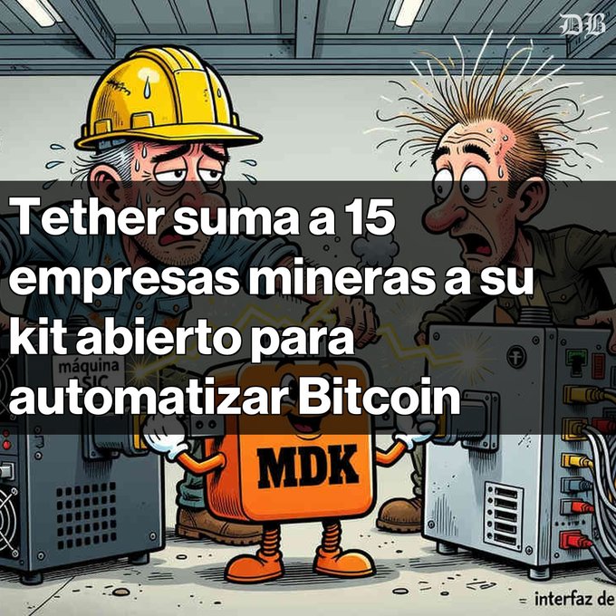 Cartoon illustration of miners and machinery with large Spanish text: "Tether suma a 15 empresas mineras a su kit abierto para automatizar Bitcoin," plus an MDK-branded robot and a "DLB" watermark.