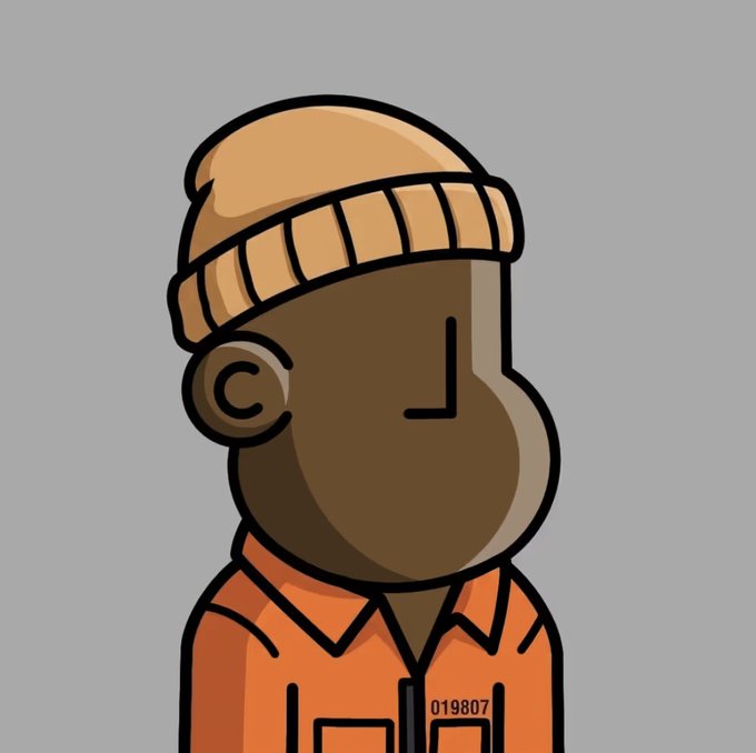 A cartoon illustration of a bald Black man wearing a beige beanie and an orange prison jumpsuit with the number '019807' printed on it, shown in profile view against a gray background.