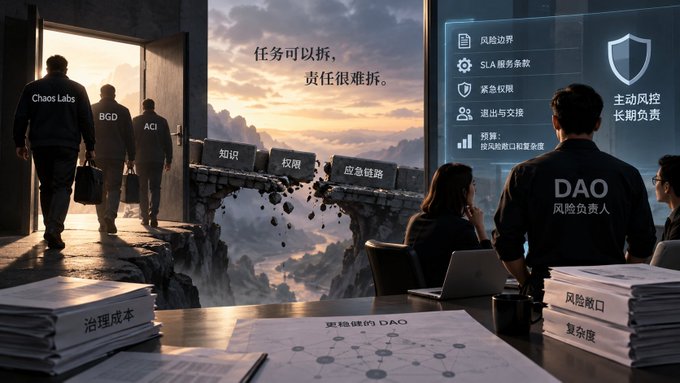 The image depicts a conceptual scene contrasting two sides: on the left, figures labeled "Chaos Labs," "BGD," and "ACI" walk toward a crumbling bridge inscribed with Chinese text about responsibilities, while on the right, a person labeled "DAO 风险负责人" (DAO Risk Officer) sits at a desk piled with papers marked "治理成本," "风险敞口," and "复杂度," with a digital interface listing risk-related terms like "SLA 服务条款" and "应急预案." It visually represents the post's point that while Chaos Labs and other advisors can delegate tasks, ultimate accountability for risk management still falls back on the DAO itself.
