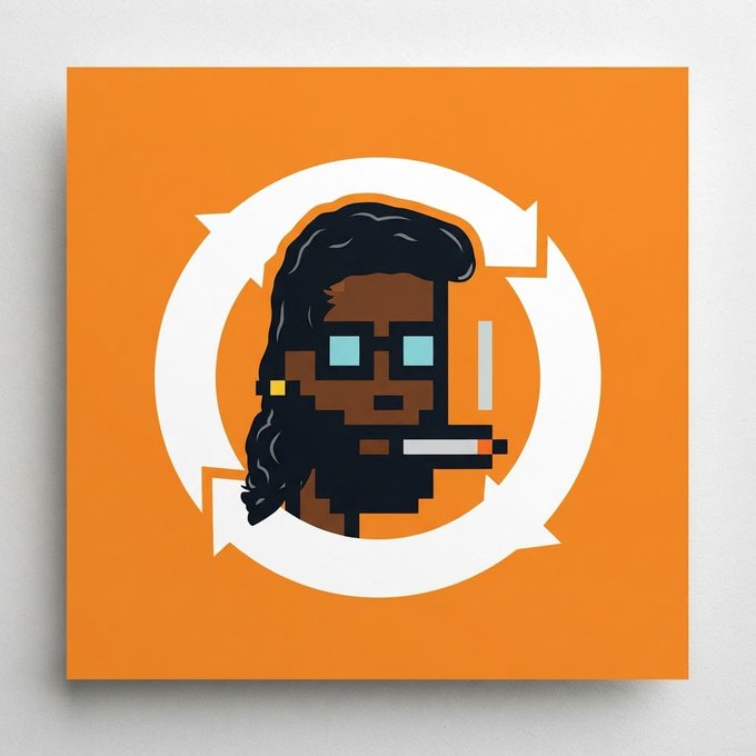 An orange canvas artwork depicting a dark-skinned woman with black hair, cyan sunglasses, and a cigarette inside a white circular recycling-style arrow logo.