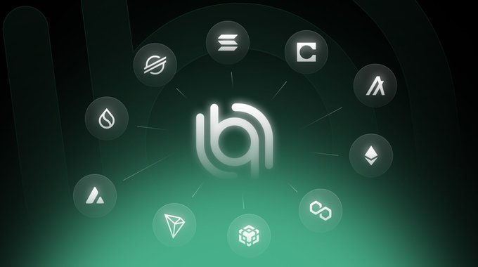 A dark green graphic featuring a central stylized 'h' logo surrounded by a circular arrangement of cryptocurrency icons including Sui, XDC, and Ethereum.