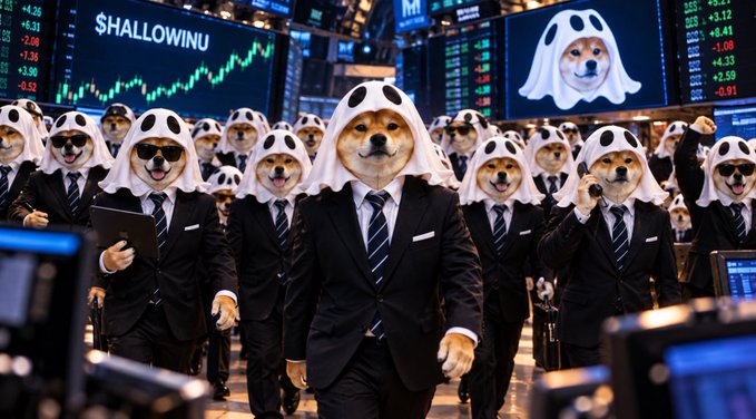 An army of Shiba Inu dogs dressed in business suits and ghost costumes marches through a stock exchange floor beneath "$HALLOWINU" trading screens showing green candlestick charts and bullish price gains (+8.41, +2.59), visually staging a playful meme-coin "takeover" of the financial markets.
