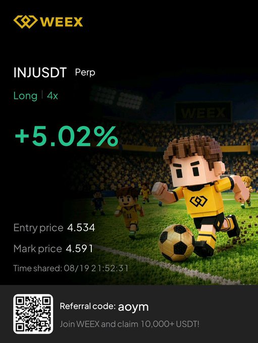 WEEX platform advertisement showing a +5.02% gain on INJUSDT perpetual position with a cartoon soccer player, referral code 'aoym', and 'Join WEEX and claim 10,000+ USDT!' promotion.