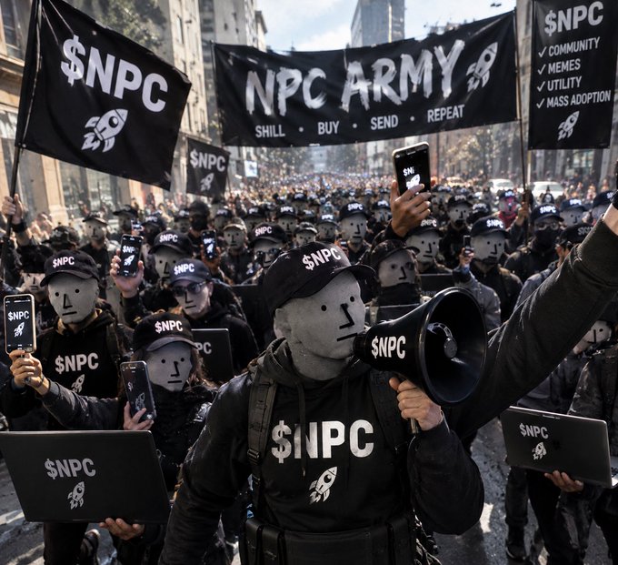 A massive protest march in a city street features people wearing masks, hats, and clothing branded with '$NPC' and a rocket logo, holding banners reading 'NPC ARMY: SHILL, BUY, SEND, REPEAT' and '$NPC' with features like 'COMMUNITY' and 'MEMES'.