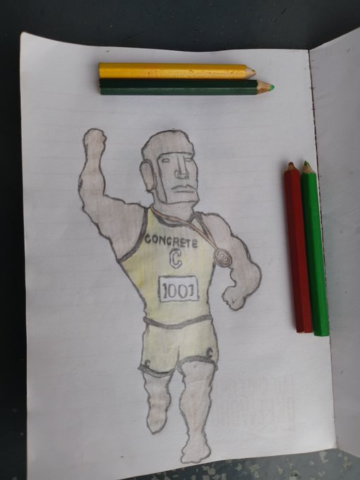 A hand-drawn sketch of a muscular athlete wearing a yellow uniform with the text 'CONCRETE C 1001', resting in a notebook with colored pencils.