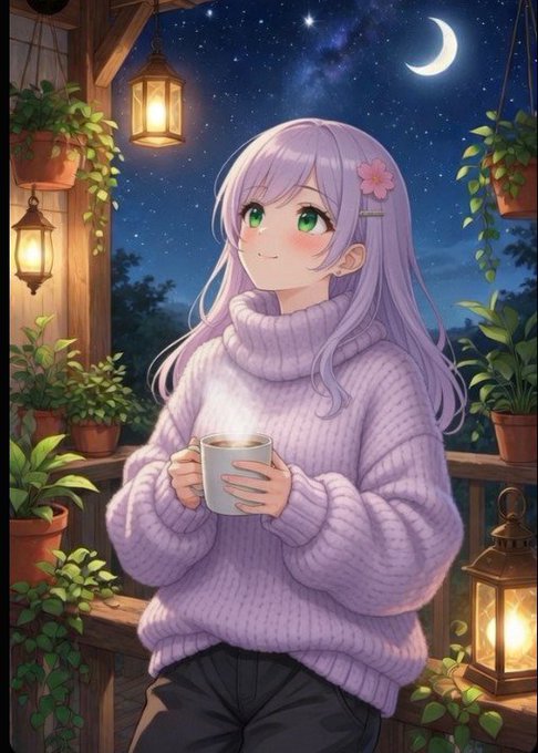 An anime-style illustration of a girl with long light purple hair and green eyes wearing a cozy purple sweater, holding a steaming mug while sitting on a balcony adorned with hanging lanterns and potted plants under a starry night sky with a crescent moon.