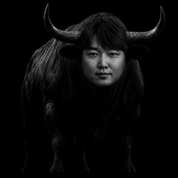 A black-and-white image shows a bull with a human face seamlessly merged into its head, the human face centered where the bull's face would be, with the bull's curved horns and ears flanking it and the dark muscular body fading into a black background—visually personifying the "Bull Run" concept in the post while tying into the $AMEN token's community-driven momentum on Solana.