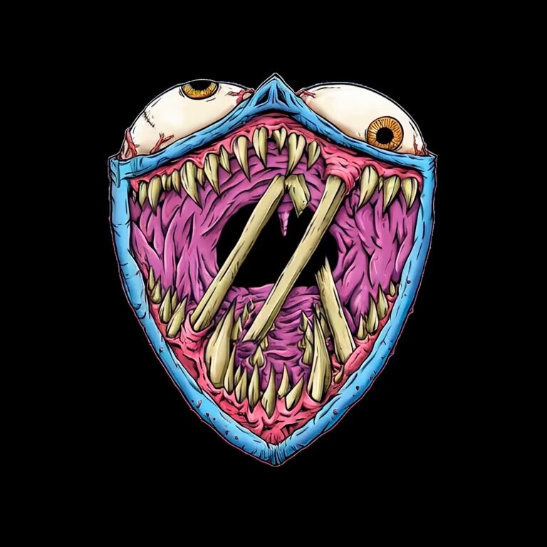 The image features a graphic with a purple skull, characterized by open mouth, teeth gnashing out, and eyes appearing to be glowing or flashing in different colors. The skeleton appears to have an open mouth which adds to the eerie atmosphere of the design. The background is black, emphasizing the contrast between the colorful elements within the image. 

As a connection to the post, the artist named @AlgoMember has created this graphic and shared it with the community for others to view. The image is related to music as it features an album cover from Algo members themed song "New Music". The title of the song appears in the post, providing further context about the visual representation.