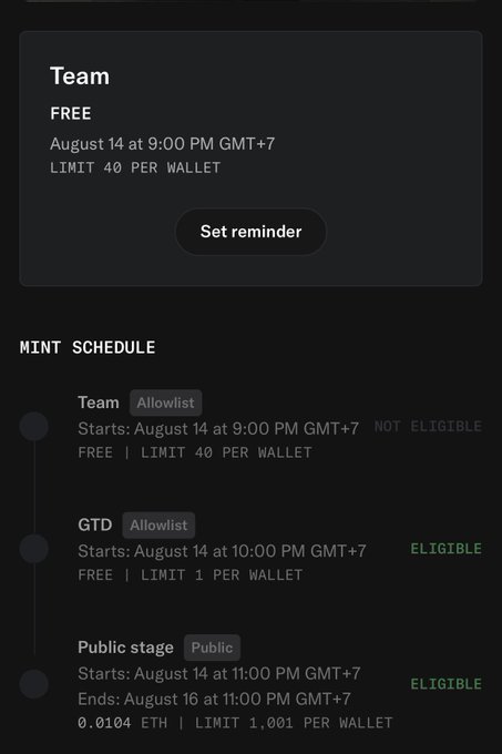 The image displays a mint schedule for "Team" NFTs, showing three stages on August 14: a 9:00 PM GMT+7 team allowlist (NOT ELIGIBLE), a 10:00 PM GMT+7 GTD allowlist (ELIGIBLE), and an 11:00 PM GMT+7 public stage (ELIGIBLE) priced at 0.0104 ETH with a 1,001 wallet limit.

This relates to the post confirming the user's eligibility to mint the Divergents NFT with 10 hours remaining before the public mint deadline.