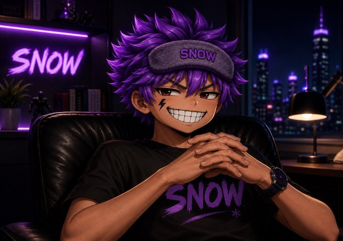 An anime-style digital illustration of a purple-haired character wearing a gray 'SNOW' sleep mask and a black 'SNOW' t-shirt, sitting in a dark room with a neon 'SNOW' sign and a cityscape view.