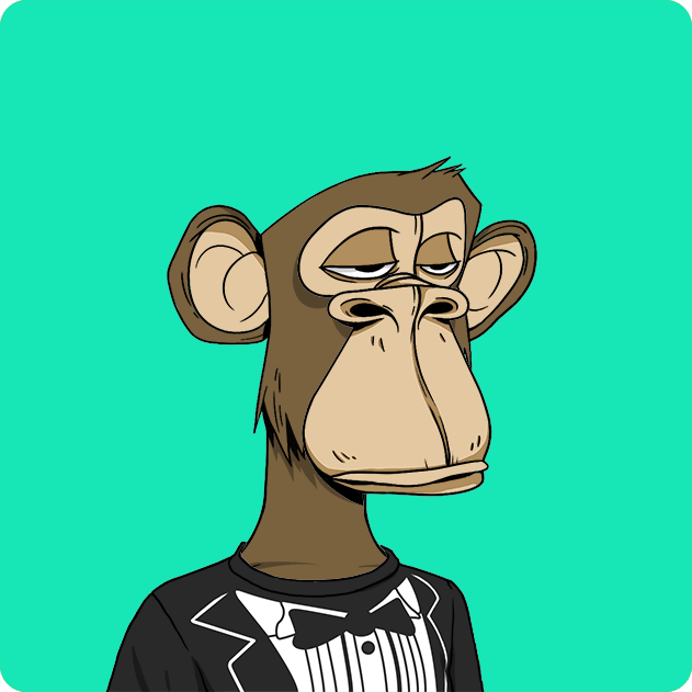 A cartoon monkey wearing a black tuxedo with a white shirt and bowtie against a teal background, looking bored with half-closed eyes.