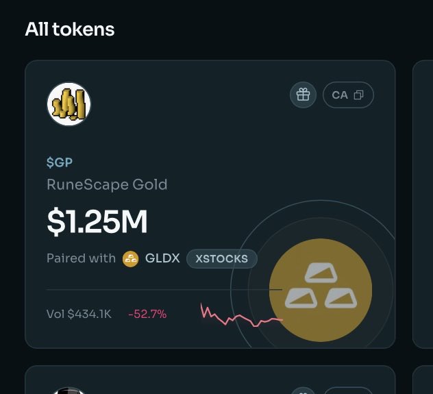 The screenshot displays a trading card for $GP (RuneScape Gold) token, showing a $1.25M market cap paired with GLDX on xSTOCKS, with a 24-hour volume of $434.1K down 52.7%. The post highlights this as the top gold-backed pair in the stonk ecosystem, referencing RuneScape Gold's tokenized exposure within the xSTOCKS platform.