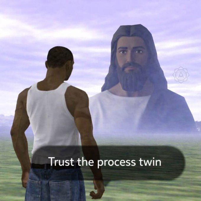 A meme featuring a video game character facing a giant, ethereal figure of Jesus in the clouds, with a text bubble saying 'Trust the process twin'.