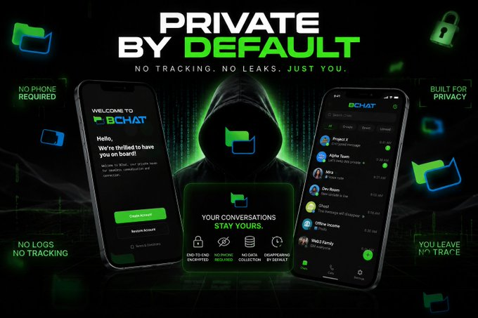 The image is a promotional graphic for "BChat" featuring the tagline "PRIVATE BY DEFAULT — NO TRACKING, NO LEAKS, JUST YOU," showcasing app screenshots with messaging features and a hooded figure representing anonymity, emphasizing its privacy-focused encryption capabilities. This relates to the post by highlighting Beldex's real-world presence at privacy-focused events like MoneroKon, complementing their BChat product that embodies their commitment to user privacy and decentralized communication.