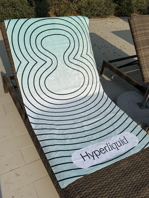A brown wicker lounge chair features a light blue towel with black wavy lines and a 'Hyperliquid' logo patch laid across it in a sunny outdoor setting.