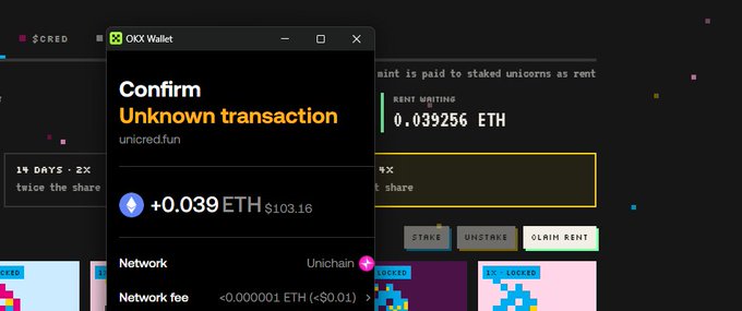 The image shows an OKX Wallet confirmation popup for an "Unknown transaction" of +0.039 ETH ($103.16) from unicred.fun on the Unichain network, with the background displaying $CRED staking details and a rent payment of 0.039256 ETH—visually representing the user's milestone of earning their first $100 in passive staking income as mentioned in the post.