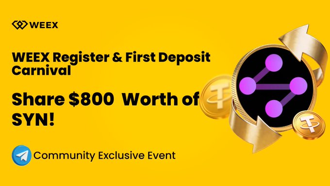 The image features a yellow banner with white text that is promoting a WeEx registration event for first depositing $800 worth of SYN tokens. The event is described as a "carnival" where participants can trade their SYN tokens for some money, and the post encourages users to share these tokens in order to enjoy the benefits. The text on the banner is also accompanied by an image depicting SYN tokens being used at a flea market setting with various coins around it.