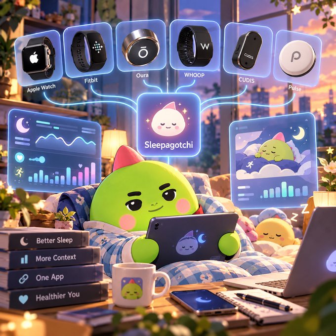 A promotional graphic for 'Sleepagotchi' showing a cute green character using a tablet, connected to various wearable devices including Apple Watch, Fitbit, Oura, WHOOP, CUDIS, and Pulse, with sleep data displayed on floating screens.