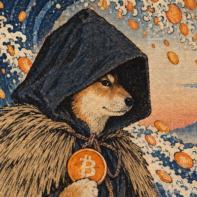 An artistic illustration styled like Hokusai's 'Great Wave' featuring a Shiba Inu dog wearing a hooded cloak and holding a Bitcoin (₿) coin medallion.