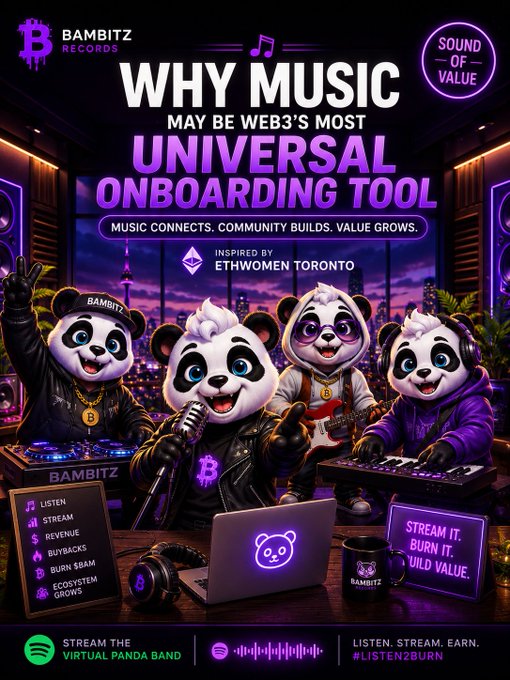 A vibrant neon-lit promotional image features four animated panda musicians—one DJing, one singing into a mic, one playing guitar, and one on keyboards—performing in a Toronto skyline studio. The graphic, branded with "BAMBITZ RECORDS" and "SOUND OF VALUE," promotes the headline "WHY MUSIC MAY BE WEB3'S MOST UNIVERSAL ONBOARDING TOOL" with the tagline "MUSIC CONNECTS. COMMUNITY BUILDS. VALUE GROWS." and notes it was "INSPIRED BY ETHWOMEN TORONTO," visually reinforcing the post's theme that artists and musicians, not just developers, will shape Web3's future.