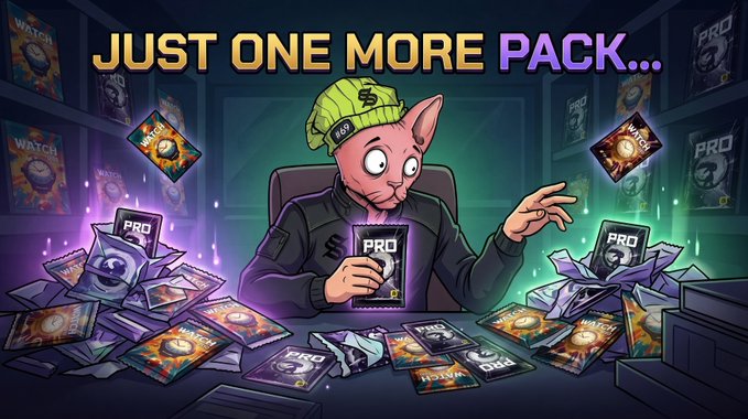 A cartoon creature surrounded by piles of card packs reaches for another one beneath the text, “JUST ONE MORE PACK…,” with multiple packs labeled “PRO.”