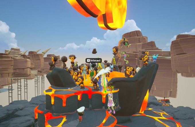 A screenshot from a Roblox game featuring multiple avatar characters wearing monkey costumes gathering on a volcanic lava-themed island with rocks and water surrounding the area.