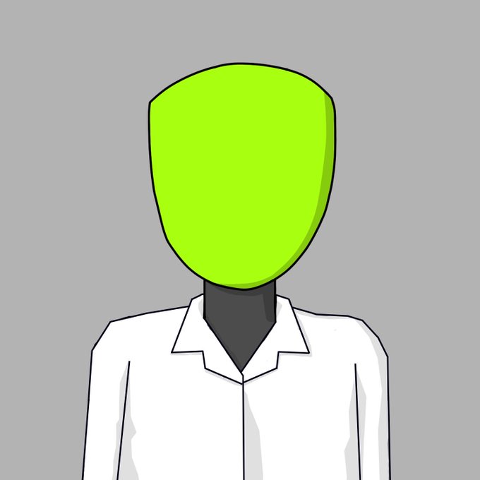 A simple digital illustration of a figure wearing a white lab coat with a featureless bright green oval head and a dark grey neck.