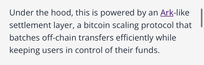 The image shows text explaining that the system is "powered by an Ark-like settlement layer, a bitcoin scaling protocol that batches off-chain transfers efficiently while keeping users in control of their funds," highlighting the Ark protocol as the foundation for the Third Ark's wavelength system and its VTXO-based exit mechanism.