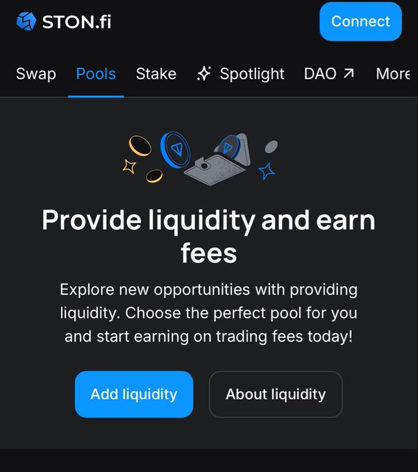The image shows the STON.fi Pools page featuring a "Provide liquidity and earn fees" section with an illustration of coins being deposited into a pool, alongside "Add liquidity" and "About liquidity" buttons. The post explains how liquidity prevents price slippage during swaps, with the Pools page serving as the platform where users can deposit two tokens to enable trading against the pool.