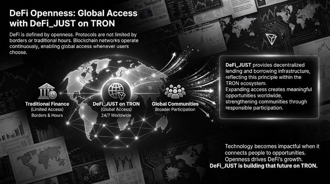 An infographic titled 'DeFi Openness: Global Access with DeFi_JUST on TRON', illustrating the contrast between Traditional Finance and the global 24/7 accessibility of DeFi_JUST on the TRON network.