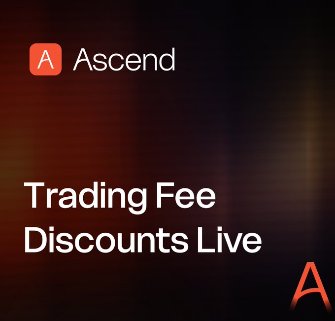 A promotional graphic with the Ascend logo featuring an orange 'A' icon, announcing 'Trading Fee Discounts Live' against a dark red gradient background.