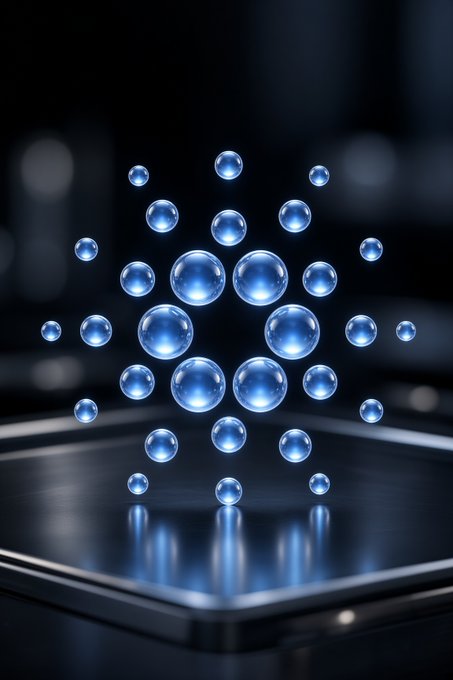 A collection of luminous blue spheres floats and bounces above a reflective dark surface, evoking the digital, futuristic aesthetic often associated with blockchain technology—visually complementing the casual weekend greeting and the Cardano ($ADA) ticker reference.