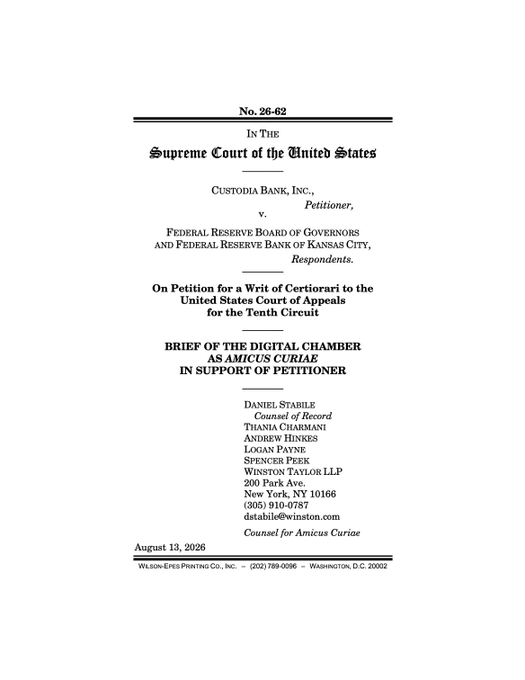 The cover page of a Supreme Court legal brief, No. 26-62, for Custodia Bank, Inc. v. Federal Reserve Board of Governors, filed by Winston Taylor LLP as Counsel for Amicus Curiae on August 13, 2026.