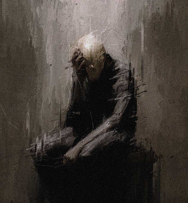 A dark, moody digital painting of a shadowy figure in a hood sitting with its head resting in its hand.