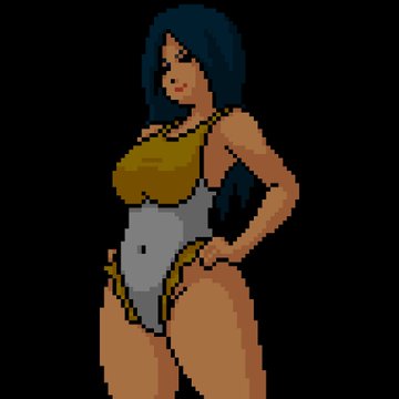 A hand-drawn pixel art illustration of a woman with long dark blue hair, wearing a gray and yellow leotard-style outfit, posed with her hand on her hip. The artwork showcases the handcrafted style promoted in the accompanying "SexyHood NFT" giveaway post, which emphasizes every character being drawn by hand rather than AI-generated.