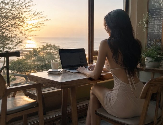 A woman wearing a white dress is sitting at a table with her laptop open, working or browsing the internet. The setting appears to be an outdoor cafe, as there are chairs around the table where she is seated. A potted plant can also be seen in the background, adding some greenery to the scene. The image seems to be related to the post about Web3 and AI, as it features a woman working on her laptop outdoors during sunset.