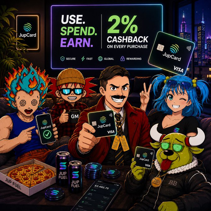 A vibrant digital advertisement for "JupCard VISA" promoting "USE. SPEND. EARN. 2% CASHBACK ON EVERY PURCHASE," showing cartoon characters holding the cards alongside "JUP FUEL" energy drinks.
