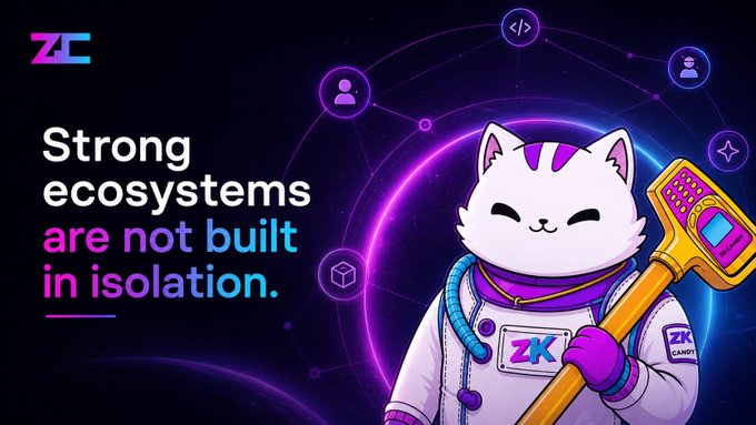 Promotional graphic featuring the ZK Chain mascot, an astronaut cat holding a key-shaped hammer, with the tagline 'Strong ecosystems are not built in isolation.'
