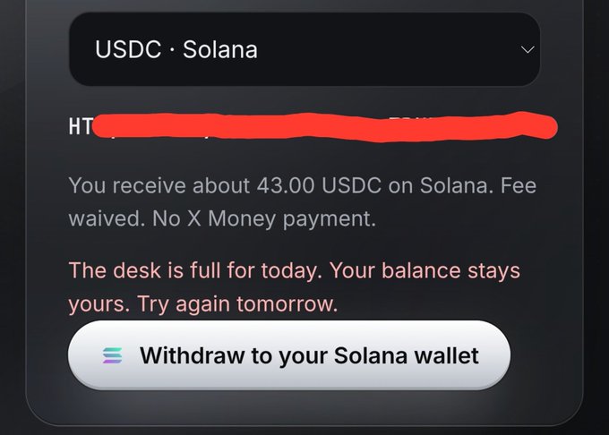 A withdrawal screen showing an attempt to withdraw about 43.00 USDC on Solana displays the warning "The desk is full for today. Your balance stays yours. Try again tomorrow," with the wallet address redacted—illustrating the scam tactic described in the post where fake "RevenueFamily" influencers are showing staged payment proofs to lure victims into a rug pull that has already extracted around $170K.