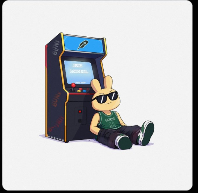 A digital illustration of a bunny character wearing sunglasses and a green 'LUCKY 11' jersey, sitting in front of an arcade-style gaming machine labeled 'BUNK LOOTING'.