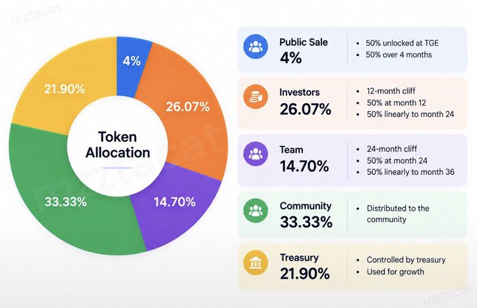 A pie chart infographic titled 'Token Allocation' from inzzacat showing distribution: Community 33.33%, Investors 26.07%, Treasury 21.90%, Team 14.70%, and Public Sale 4%, with vesting details listed for each category.