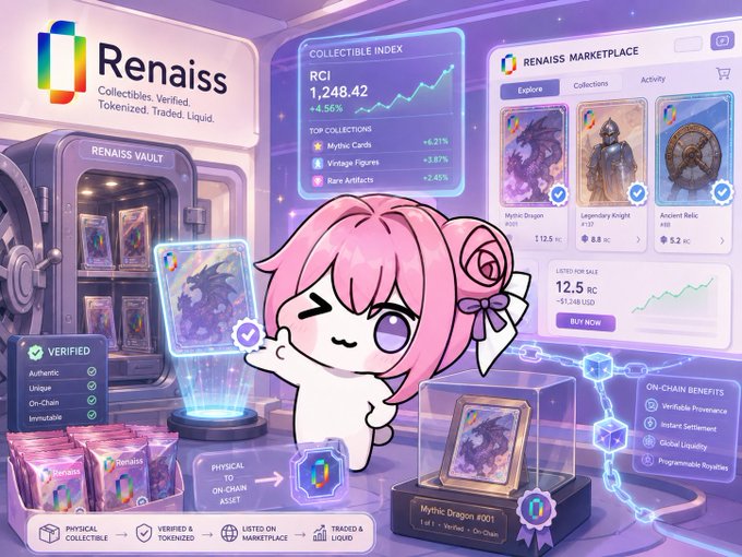 A promotional graphic for 'Renaiss' (with tagline 'Collectibles. Verified. Tokenized. Traded. Liquid.') showing a cute pink-haired chibi character holding a holographic card, with screens displaying a 'Collectible Index' of 1,248.42 and a marketplace featuring items like 'Mythic Dragon' and 'Legendary Knight'.