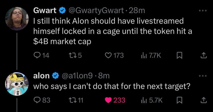 A screenshot of two tweets where @GwartyGwart suggests Elon should livestream himself locked in a cage until the token hits a $4B market cap, and @a1lon9 (Alon) cheekily responds "who says I can't do that for the next target?" — referencing the $ALON token and its ambitious market cap milestones.