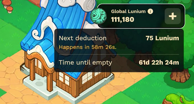 A screenshot from the Axie Infinity game Terrariums shows a building with interface elements displaying "Global Lunium 111,180," "Next deduction 75 Lunium" in "58m 26s," and "Time until empty 61d 22h 24m." The image illustrates the game's reduced Global Lunium consumption feature mentioned in the Terrariums V1.1 update.